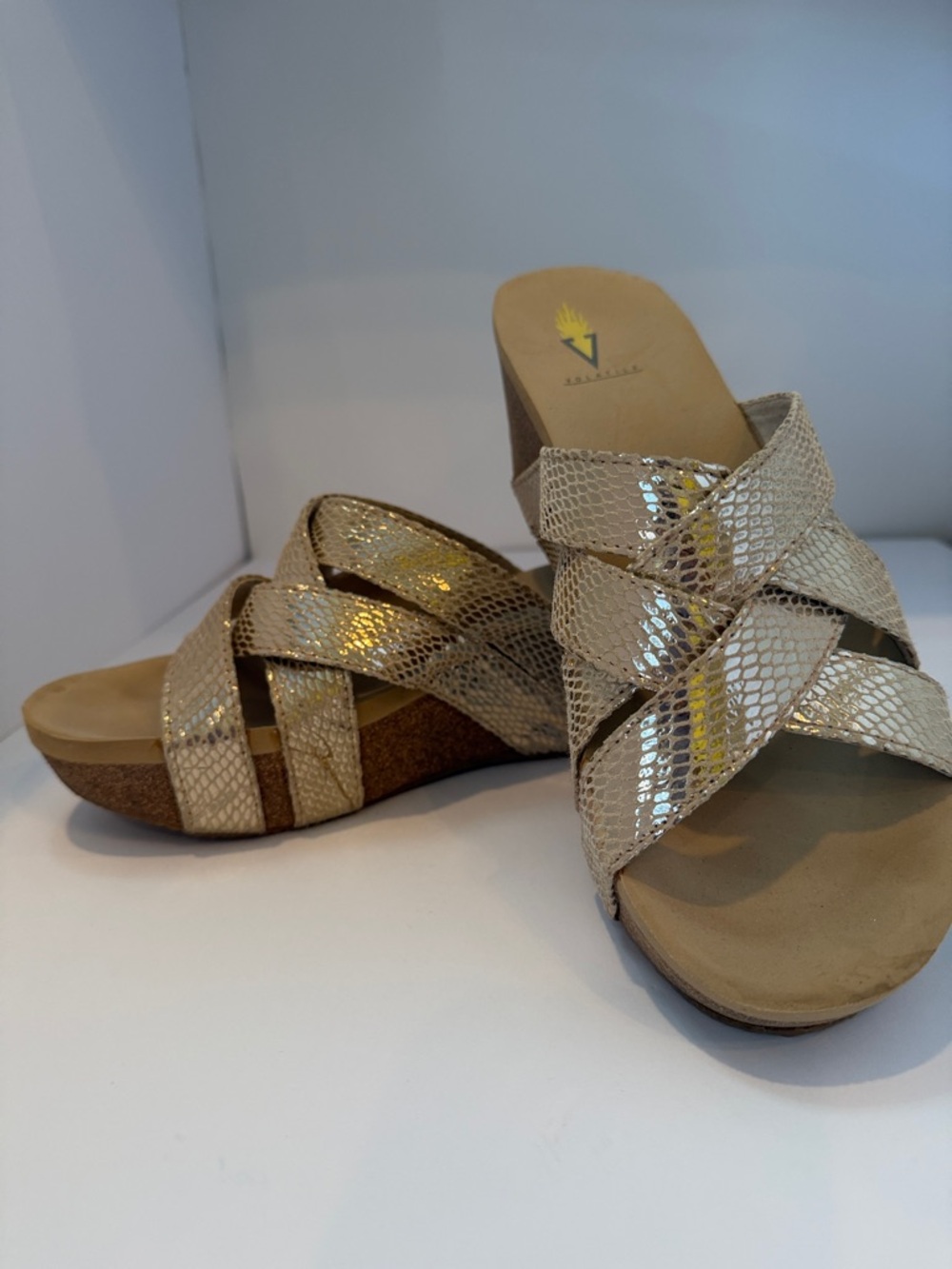 Volatile Gold Crisscross Wedge Sandals
